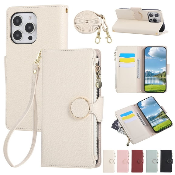 ELEHOLD Case for iPhone 11 Pro Max, Crossbody Wallet Phone Case with Zipper Card Holder, Detachable Strap Folio PU Leather Cover with Stand,Beige