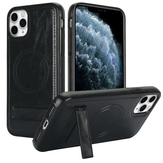 ELEHOLD Case for iPhone 11 Pro Max, Luxury PU Leather Anti-Scratch Magnetic Case with Invisible Kickstand for MagSafe Accessory,Black