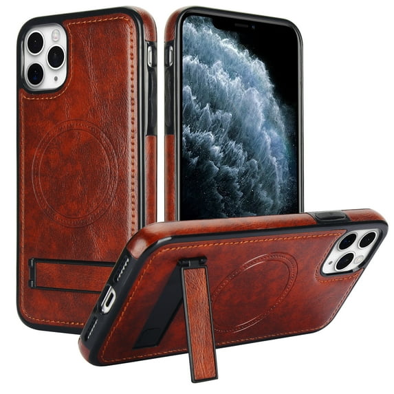 ELEHOLD Case for iPhone 11 Pro Max, Luxury PU Leather Anti-Scratch Magnetic Case with Invisible Kickstand for MagSafe Accessory,Brown