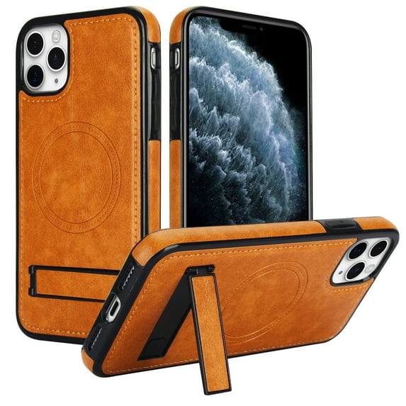 ELEHOLD Case for iPhone 11 Pro Max, Luxury PU Leather Anti-Scratch Magnetic Case with Invisible Kickstand for MagSafe Accessory,Khaki