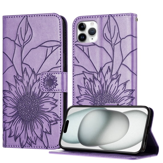 ELEHOLD Case for iPhone 11 Pro Max, Sunflower Embossed Leather Wallet Case with Magnetic Closure & Kickstand,Purple