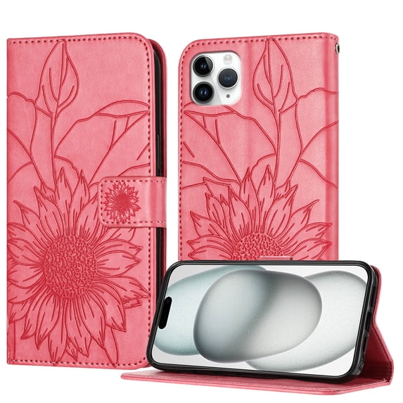 ELEHOLD Case for iPhone 11 Pro Max, Sunflower Embossed Leather Wallet Case with Magnetic Closure & Kickstand,Rose
