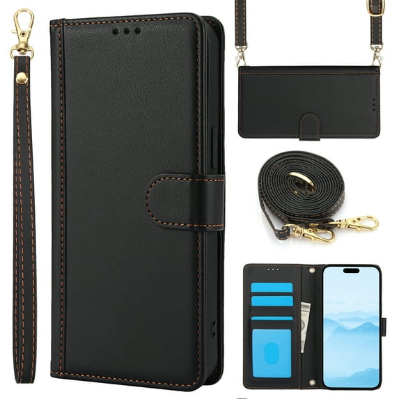 ELEHOLD Case for iPhone 11 Pro, Shockproof PU Leather Crossbody Wallet Stand Case with Credit Card Holder & Wrist Strap,Black