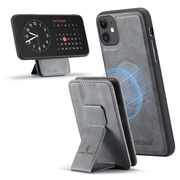 ELEHOLD Case for iPhone 11, Shockproof Magnetic Leather Wallet Case with Hand Grip & Kickstand & RFID Blocking,Gray