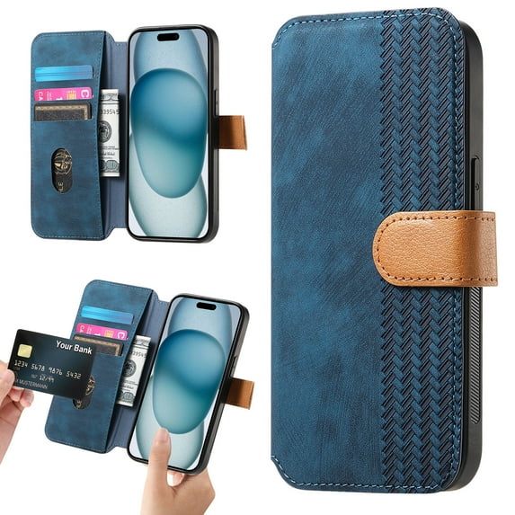 ELEHOLD Case for iPhone 12,Leather Wallet RFID Blocking Case with Wrist Strap & Card Holder Stand,Blue