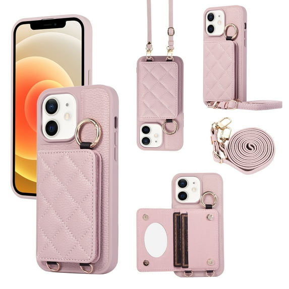 ELEHOLD Case for iPhone 12 Pro / 12 6.1",Detachable Lanyard Crossbody Leather Wallet Case with Ring Holder & Mirror,Purple