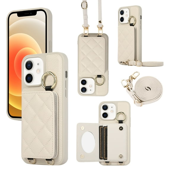 ELEHOLD Case for iPhone 12 Pro / 12 6.1",Detachable Lanyard Crossbody Leather Wallet Case with Ring Holder & Mirror,White