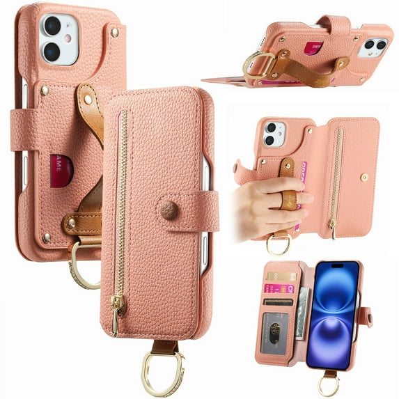 ELEHOLD Case for iPhone 12 Pro / 12 6.1", RFID Blocking Zipper Leather Wallet Stand Case with Card Slot & Wrist Strap & Ring Holder,Pink