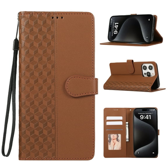 ELEHOLD Case for iPhone 12 Pro / 12 6.1" Shockproof Flip PU Leather Wallet Magmetic Buckle Case with Card Holder Slots Stand & Wrist Strap,Brown