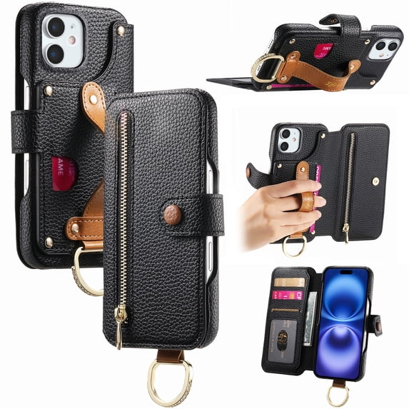 ELEHOLD Case for iPhone 12 Pro Max, RFID Blocking Zipper Leather Wallet Stand Case with Card Slot & Wrist Strap & Ring Holder,Black