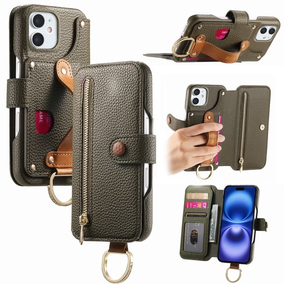 ELEHOLD Case for iPhone 12 Pro Max, RFID Blocking Zipper Leather Wallet Stand Case with Card Slot & Wrist Strap & Ring Holder,Midnightgreen