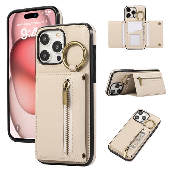 ELEHOLD Case for iPhone 12 Pro Max, Zipper Leather Wallet Crossbody Case with Detachable Ring Kickstand & Card Slots,Beige