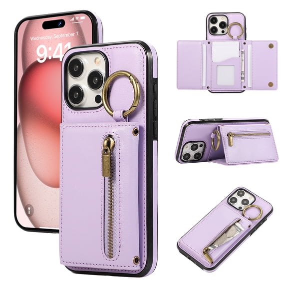 ELEHOLD Case for iPhone 12 Pro Max, Zipper Leather Wallet Crossbody Case with Detachable Ring Kickstand & Card Slots,Purple
