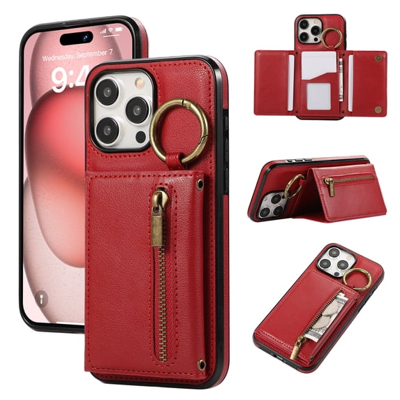 ELEHOLD Case for iPhone 12 Pro Max, Zipper Leather Wallet Crossbody Case with Detachable Ring Kickstand & Card Slots,Red