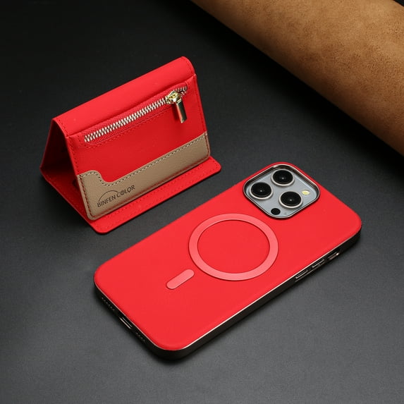 ELEHOLD Case for iPhone 13, 2-in-1 Detachable Magnetic Zipper Leather Wallet Case with Card Holder, RFID Blocking Folio Flip Cover,Red