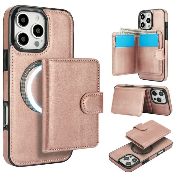 ELEHOLD Case for iPhone 13, 2-in-1 Magnetic Shockproof Leather Wallet Flip Case Cover, Detachable Card Holder with Stand,Rosegold