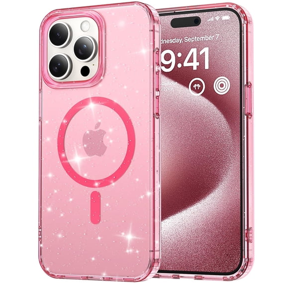 ELEHOLD Case for iPhone 13, Clear Glitter Anti-Yellow Anti-Scratch Hard PC Magnetic Phone Case Compatible MagSafe Accessory,Pink