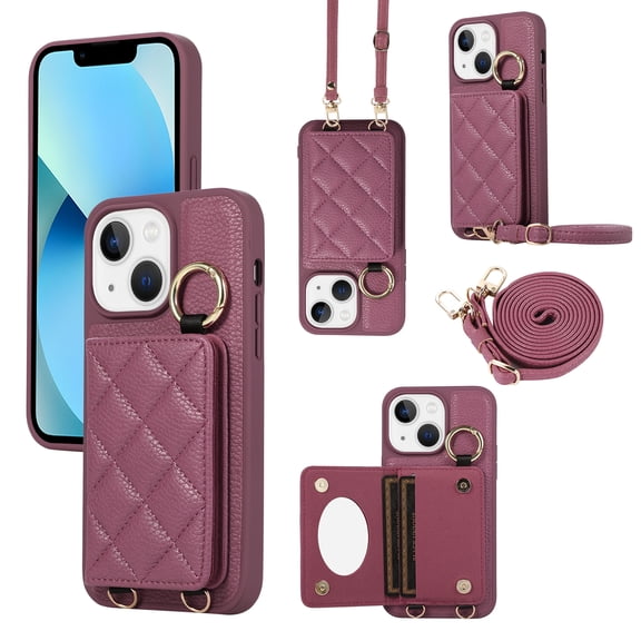 ELEHOLD Case for iPhone 13,Detachable Lanyard Crossbody Leather Wallet Case with Ring Holder & Mirror,Winered