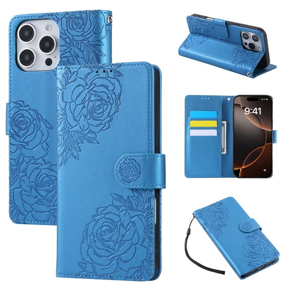 ELEHOLD Case for iPhone 13, Flower Embossed Flip Leather Wallet Phone Case with 3 Card Slots & Wrist Strap,Blue