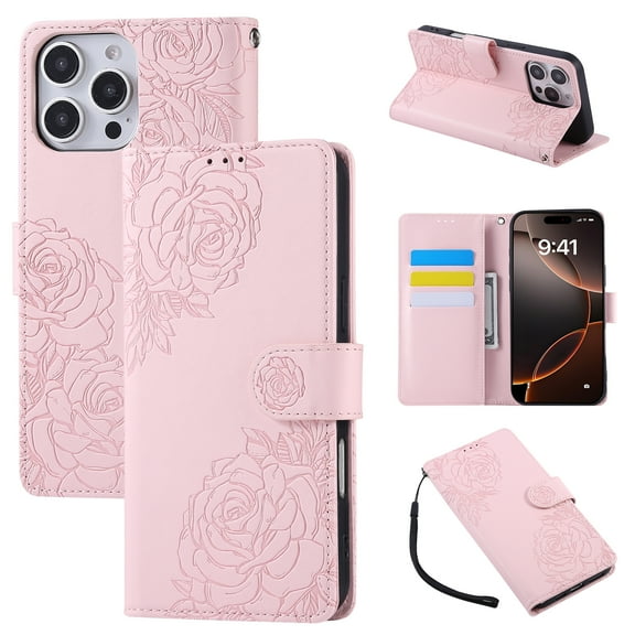 ELEHOLD Case for iPhone 13, Flower Embossed Flip Leather Wallet Phone Case with 3 Card Slots & Wrist Strap,Rosegold