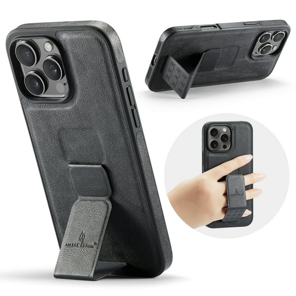 ELEHOLD Case for iPhone 13, Premium Leather Case with Kickstand and Grip Strap,Black