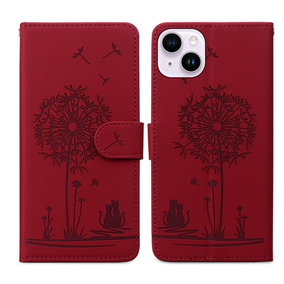 ELEHOLD Case for iPhone 13, Premium PU Leather Wallet Flip Case Folio Cover with Card Holder Kickstand,Red