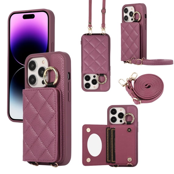 ELEHOLD Case for iPhone 13 Pro,Detachable Lanyard Crossbody Leather Wallet Case with Ring Holder & Mirror,Winered