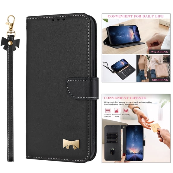 ELEHOLD Case for iPhone 13 Pro Max, Fashionable Leather Wallet Case with Card Slots & Kickstand,Detachable Shoulder Strap & Wrist Strap,Black