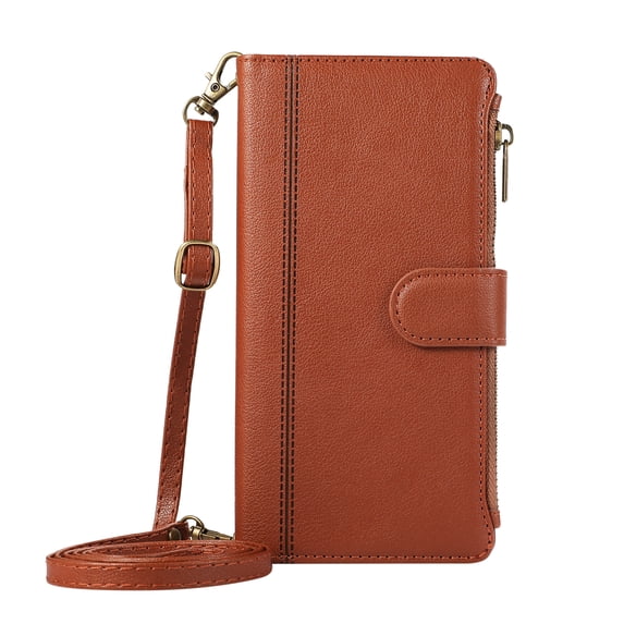 ELEHOLD Case for iPhone 13 Pro Max, Luxury Zipper Leather Wallet Crossbody Phone Case with Wrist Strap & Folio Stand,Brown