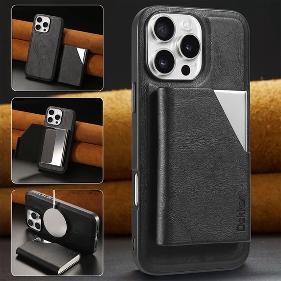 ELEHOLD Case for iPhone 13 Pro Max, Magnetic Detachable Leather Alloy Wallet Case with Card Slots,Black