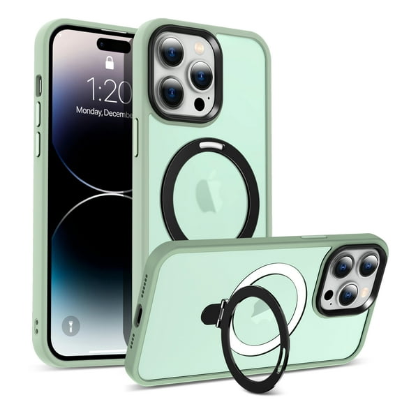 ELEHOLD Case for iPhone 13 Pro Max, Military-Grade Translucent Case with Magnetic O-Ring Stand [Compatible with MagSafe Accessory],Lightgreen