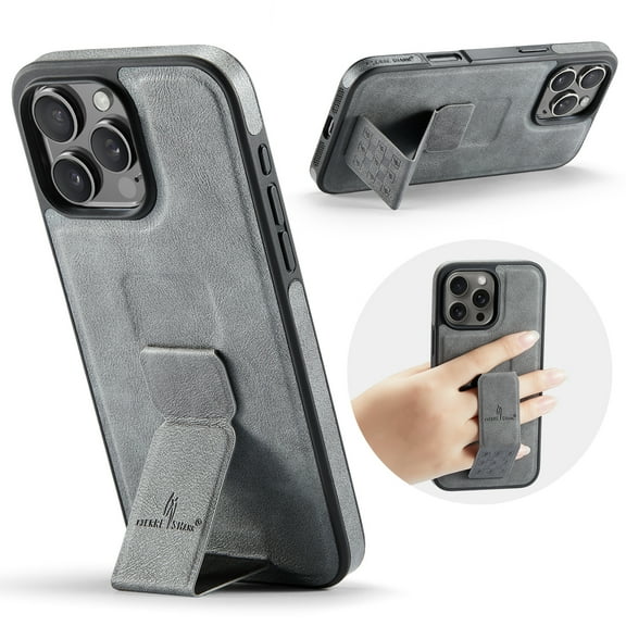 ELEHOLD Case for iPhone 13 Pro Max, Premium Leather Case with Kickstand and Grip Strap,Gray