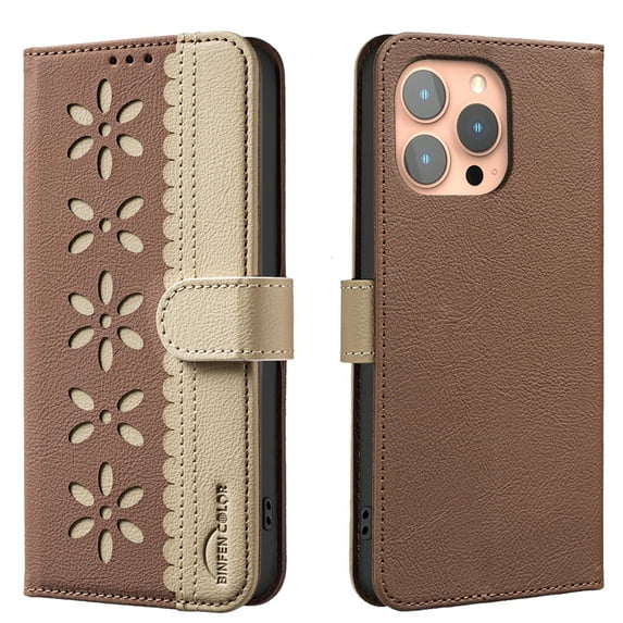 ELEHOLD Case for iPhone 13 Pro Max, RFID Blocking Wallet Phone Case with Kickstand, Flip Leather Cover with Card Slots,Brown
