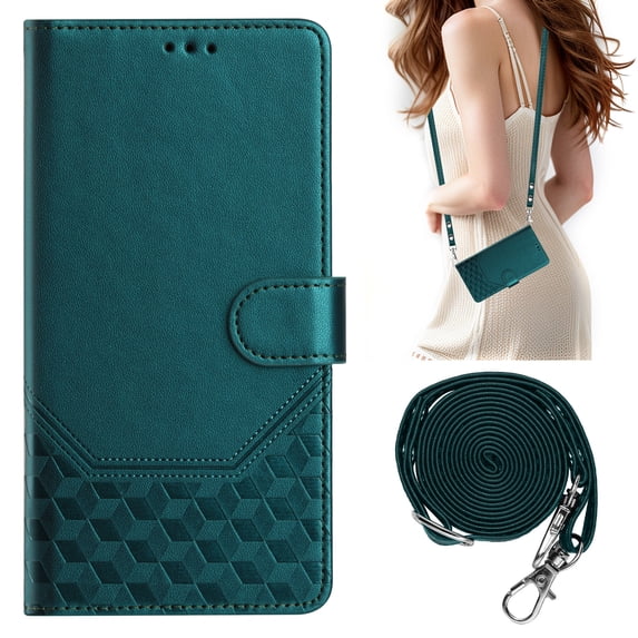 ELEHOLD Case for iPhone 13 Pro Max, RFID Leather Wallet Stand Case with Long Shoulder & Wrist Strap,Wireless Charging,Darkgreen