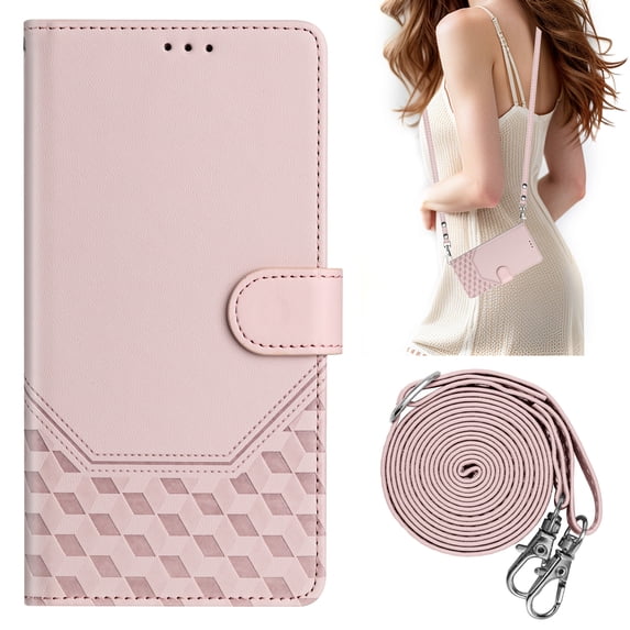 ELEHOLD Case for iPhone 13 Pro Max, RFID Leather Wallet Stand Case with Long Shoulder & Wrist Strap,Wireless Charging,Pink