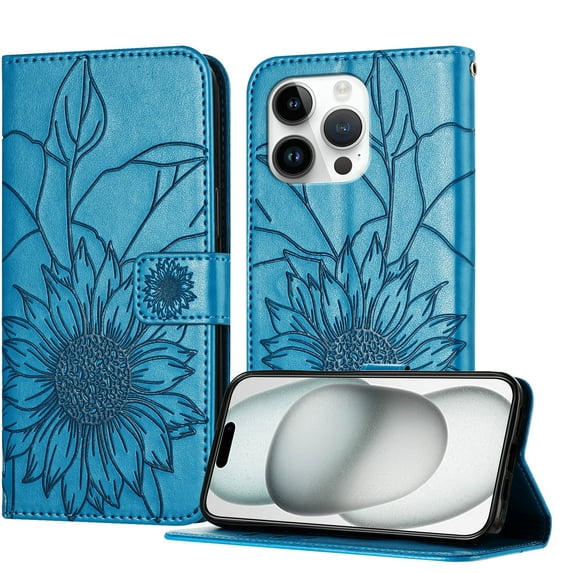 ELEHOLD Case for iPhone 13 Pro Max, Sunflower Embossed Leather Wallet Case with Magnetic Closure & Kickstand,Blue