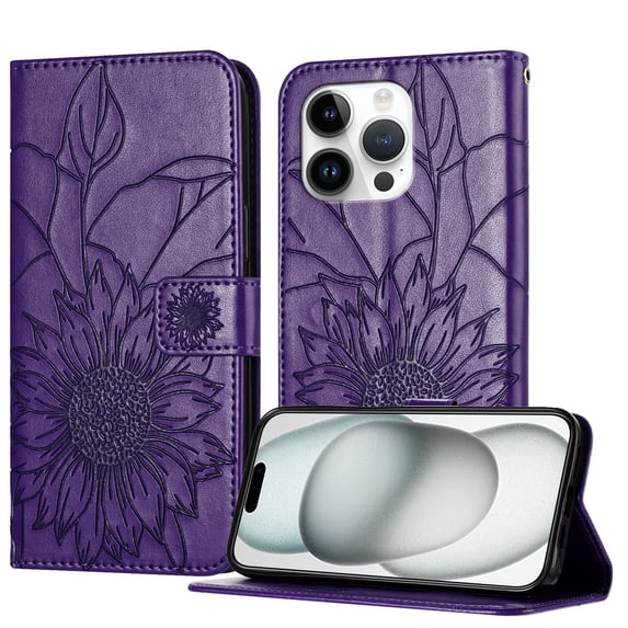ELEHOLD Case for iPhone 13 Pro Max, Sunflower Embossed Leather Wallet Case with Magnetic Closure & Kickstand,Darkpurple