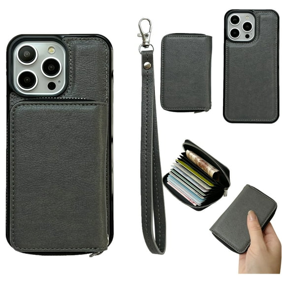 ELEHOLD Case for iPhone 13 Pro, PU Leather Zipper Detachable Wallet Case with Card Holder & Strap, Compatible with MagSafe Accessories,Gray
