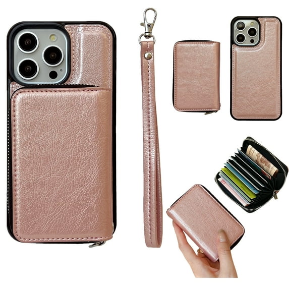 ELEHOLD Case for iPhone 13 Pro, PU Leather Zipper Detachable Wallet Case with Card Holder & Strap, Compatible with MagSafe Accessories,Rosegold
