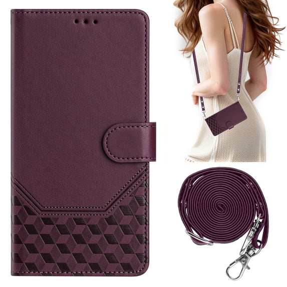 ELEHOLD Case for iPhone 13 Pro, RFID Leather Wallet Stand Case with Long Shoulder & Wrist Strap,Wireless Charging,Darkpurple