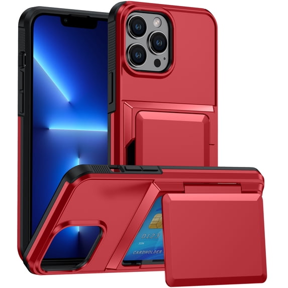 ELEHOLD Case for iPhone 13 Pro, Shockproof Heavy Duty Wallet Case with Hidden Card Holder for Women & Men,Red