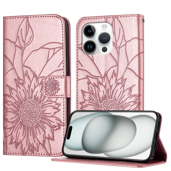ELEHOLD Case for iPhone 13 Pro, Sunflower Embossed Leather Wallet Case with Magnetic Closure & Kickstand,Rosegold