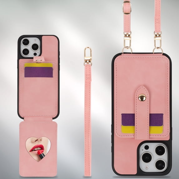ELEHOLD Case for iPhone 14,Crossbody Wallet Case with Mirror & Card Holder Stand,Pink