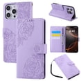 thumbnail image 1 of ELEHOLD Case for iPhone 14, Flower Embossed Flip Leather Wallet Phone Case with 3 Card Slots & Wrist Strap,Purple, 1 of 5