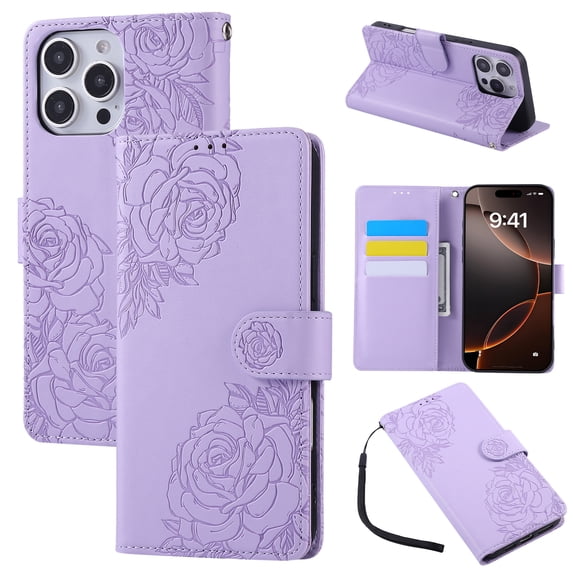 ELEHOLD Case for iPhone 14, Flower Embossed Flip Leather Wallet Phone Case with 3 Card Slots & Wrist Strap,Purple