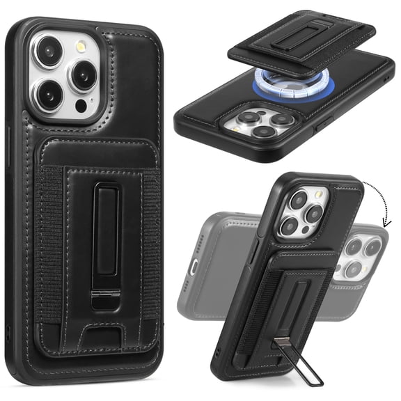 ELEHOLD Case for iPhone 14, Leather Case with Magnetic Split Credit Card Holder & Stand,Black