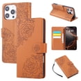 thumbnail image 1 of ELEHOLD Case for iPhone 14 Plus, Flower Embossed Flip Leather Wallet Phone Case with 3 Card Slots & Wrist Strap,Brown, 1 of 5