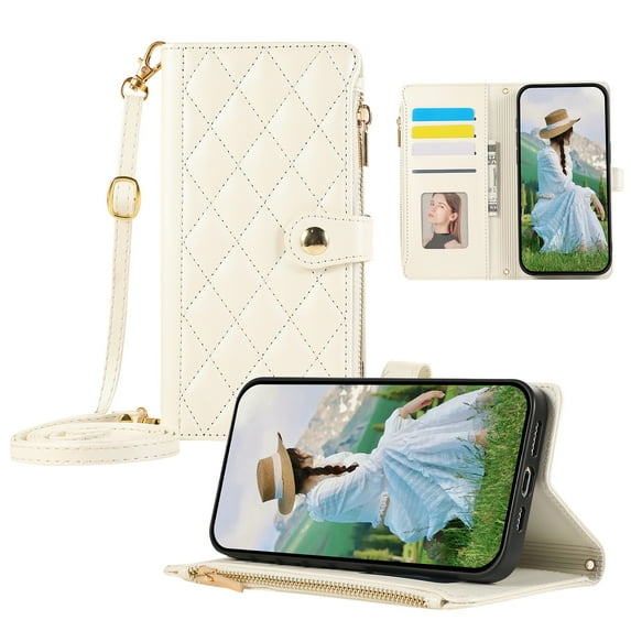 ELEHOLD Case for iPhone 14 Plus, Shockproof PU Leather Zipper Wallet Case with Card Holder & Crossbody Lanyard & Wrist Strap,Beige