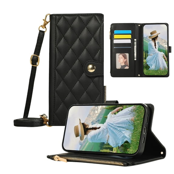 ELEHOLD Case for iPhone 14 Plus, Shockproof PU Leather Zipper Wallet Case with Card Holder & Crossbody Lanyard & Wrist Strap,Black