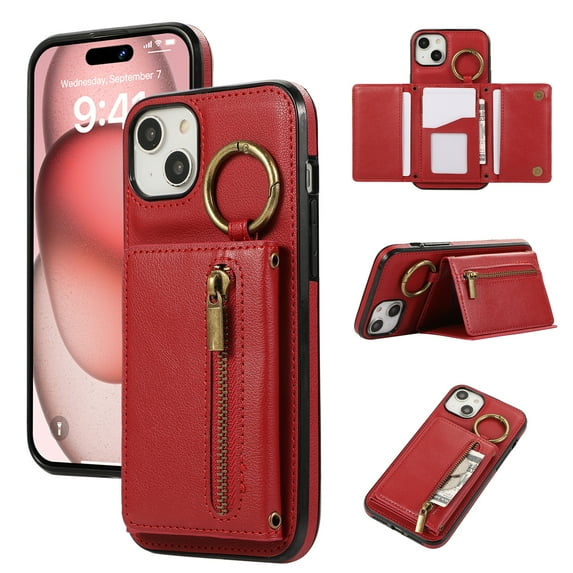 ELEHOLD Case for iPhone 14 Plus, Zipper Leather Wallet Crossbody Case with Detachable Ring Kickstand & Card Slots,Red